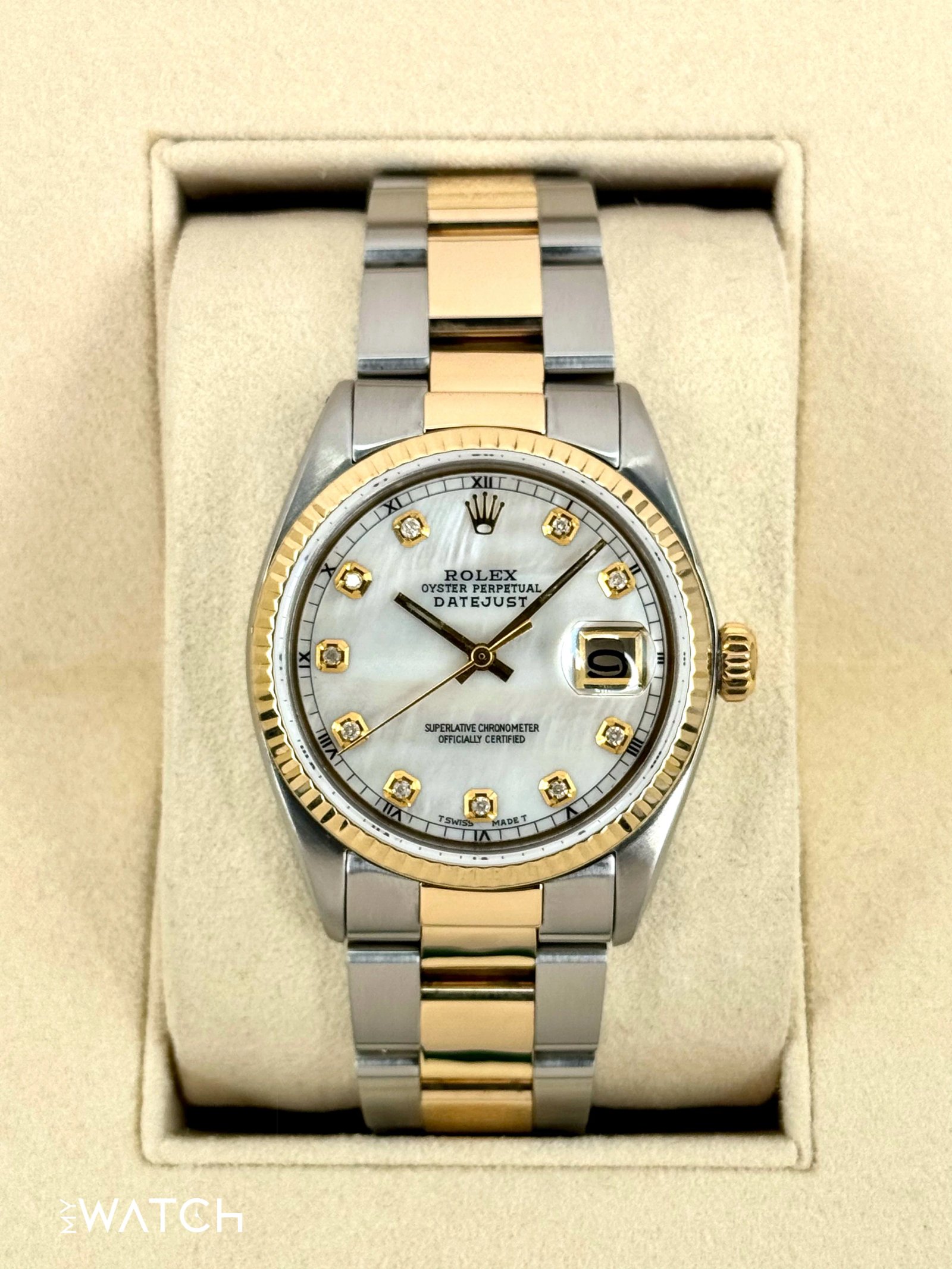 1972 Rolex Datejust 36mm 1601 Two-Tone Oyster Mother of Pearl Diamond Dial