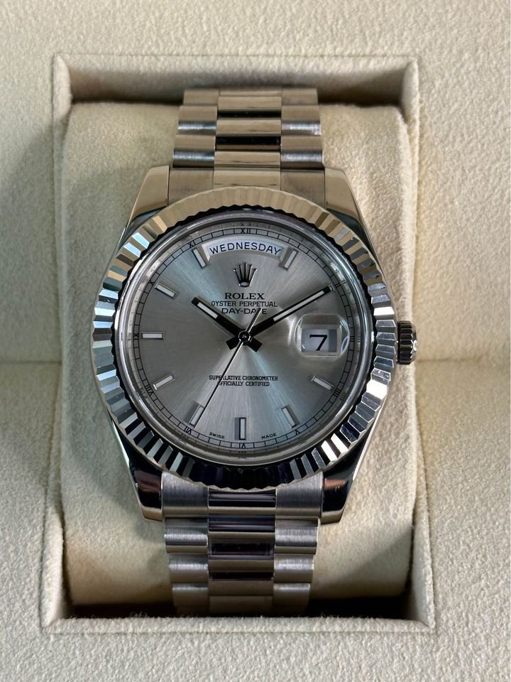 2013 Rolex Day-Date 41mm 218239 White Gold Jubilee Silver Stick Dial