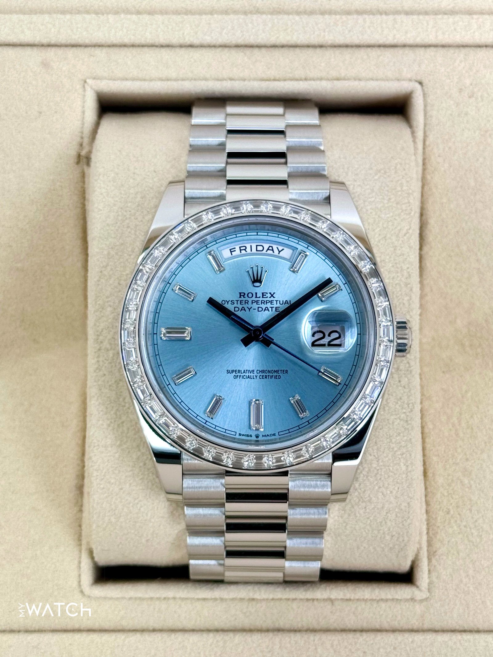 2024 Rolex Day-Date 40mm 228396TBR Ice Blue Diamond Baguette Dial