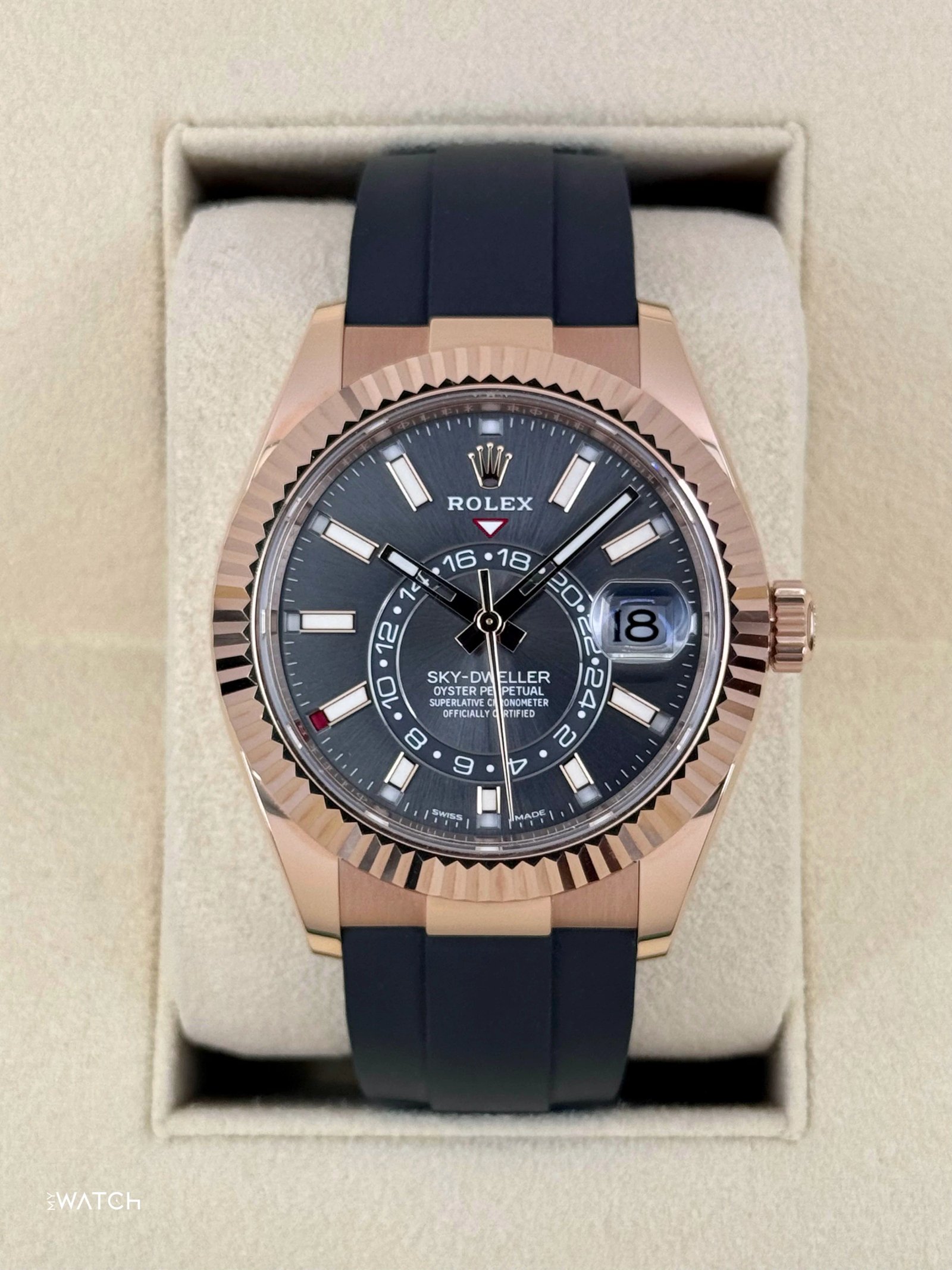 2022 Rolex Sky-Dweller 42mm 326235 Rose Gold Oysterflex Rhodium Dial
