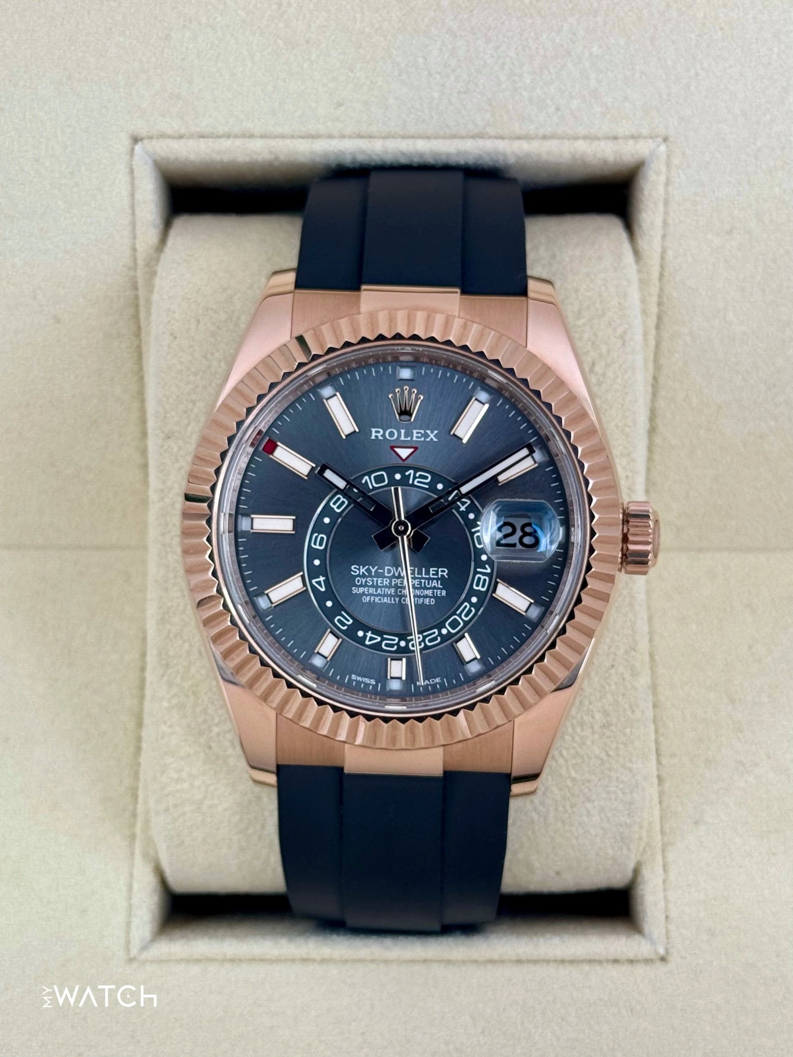 2021 Rolex Sky-Dweller 42mm 326235 Rose Gold Oysterflex Rhodium Dial