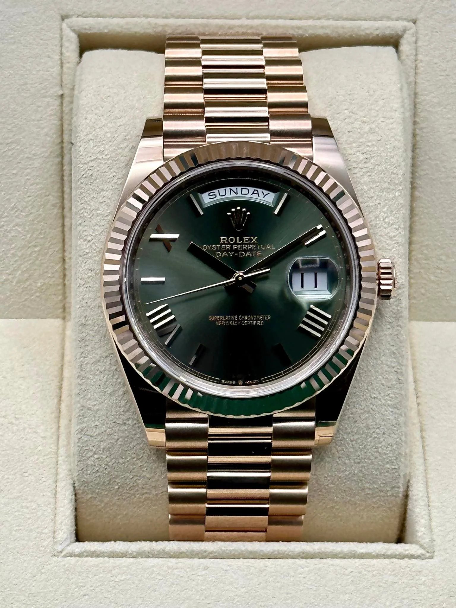 NEW 2023 Rolex Day-Date 40mm 228235 Presidential Rose Gold Green Dial