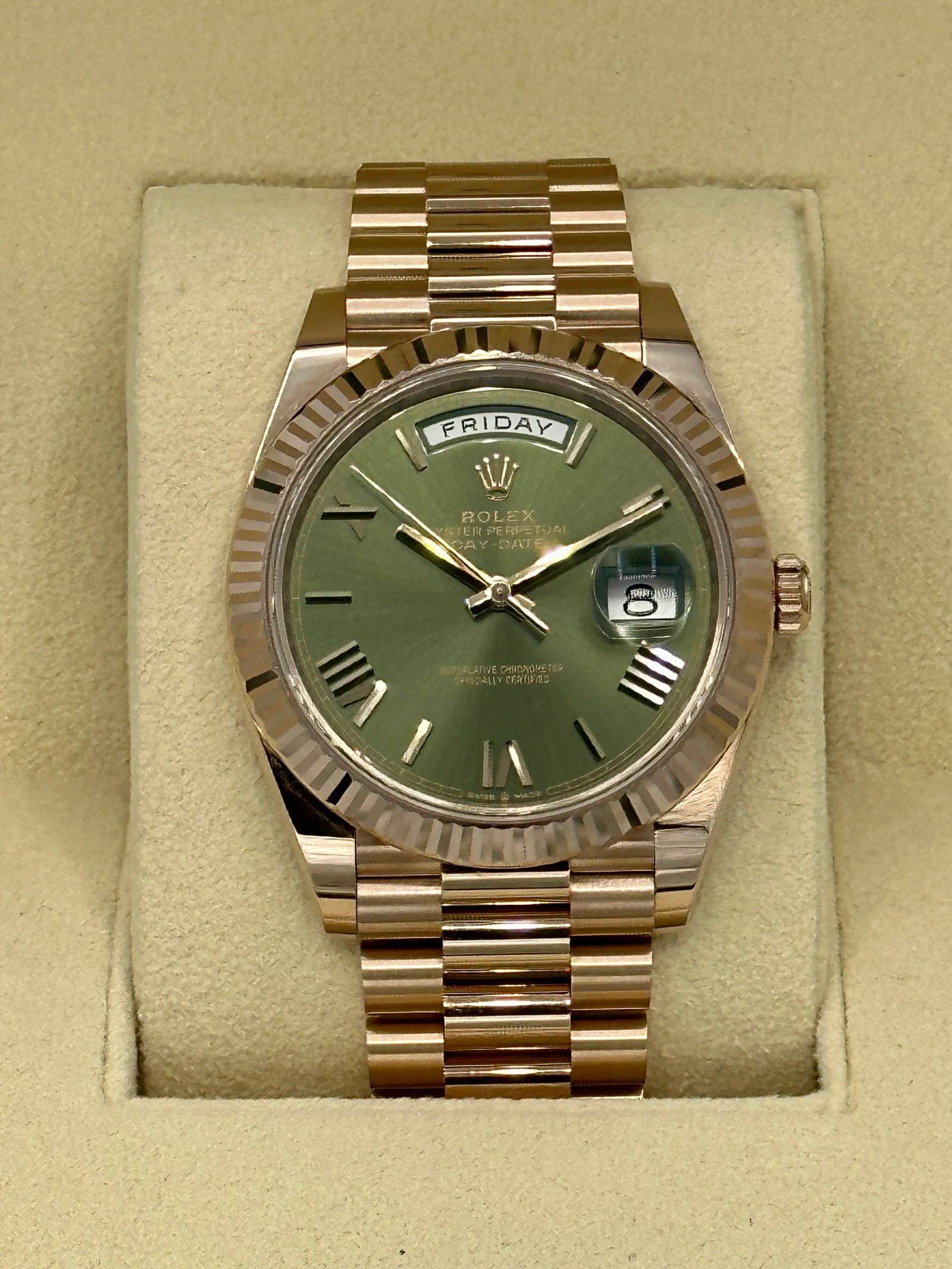NEW 2023 Rolex Day-Date 40mm 228235 Presidential Rose Gold Olive Dial