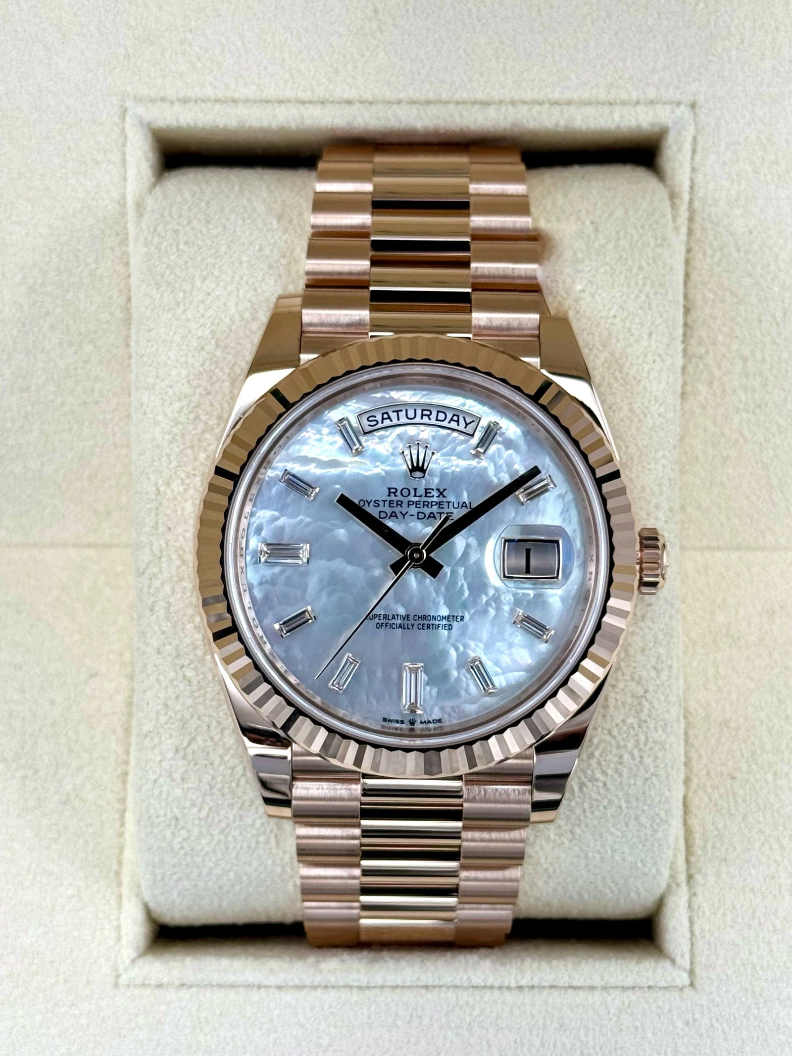 NEW 2025 Rolex Day-Date 40mm 228235 Rose Gold Mother Of Pearl Diamond Dial