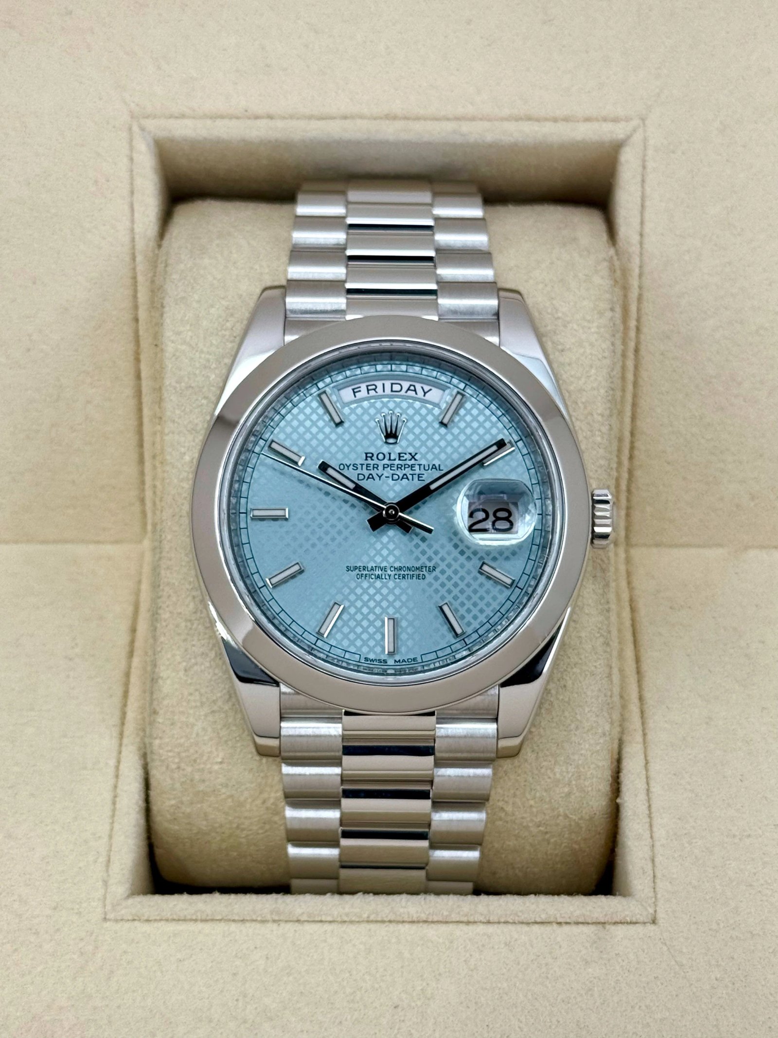 2018 Rolex Day-Date 40mm 228206 Platinum Blue Motif Dial