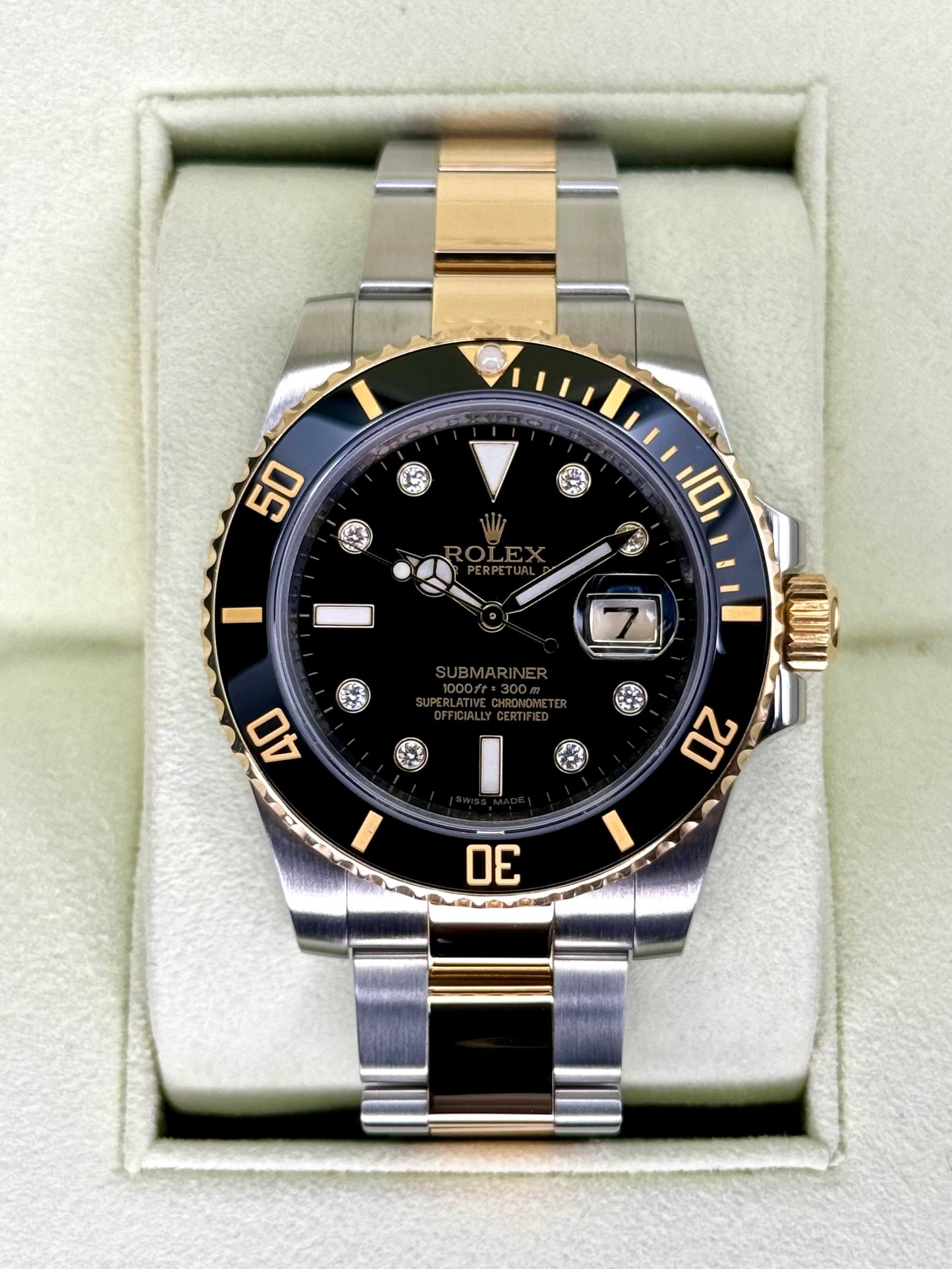 2015 Rolex Submariner 40mm 116613N Two-Tone Black Serti Diamond Dial