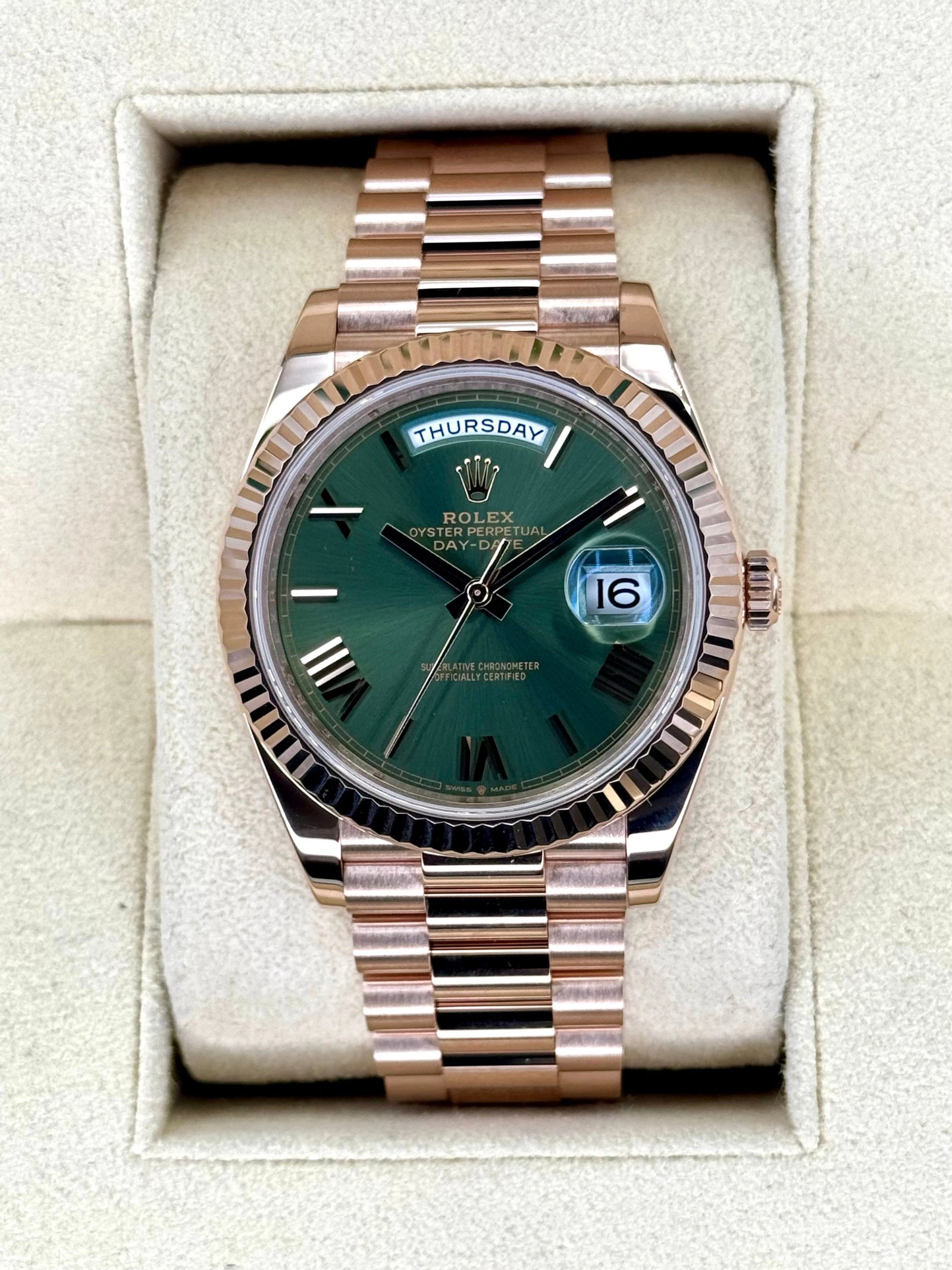 2022 Rolex Day-Date 40mm 228235 Presidential Rose Gold Olive Dial