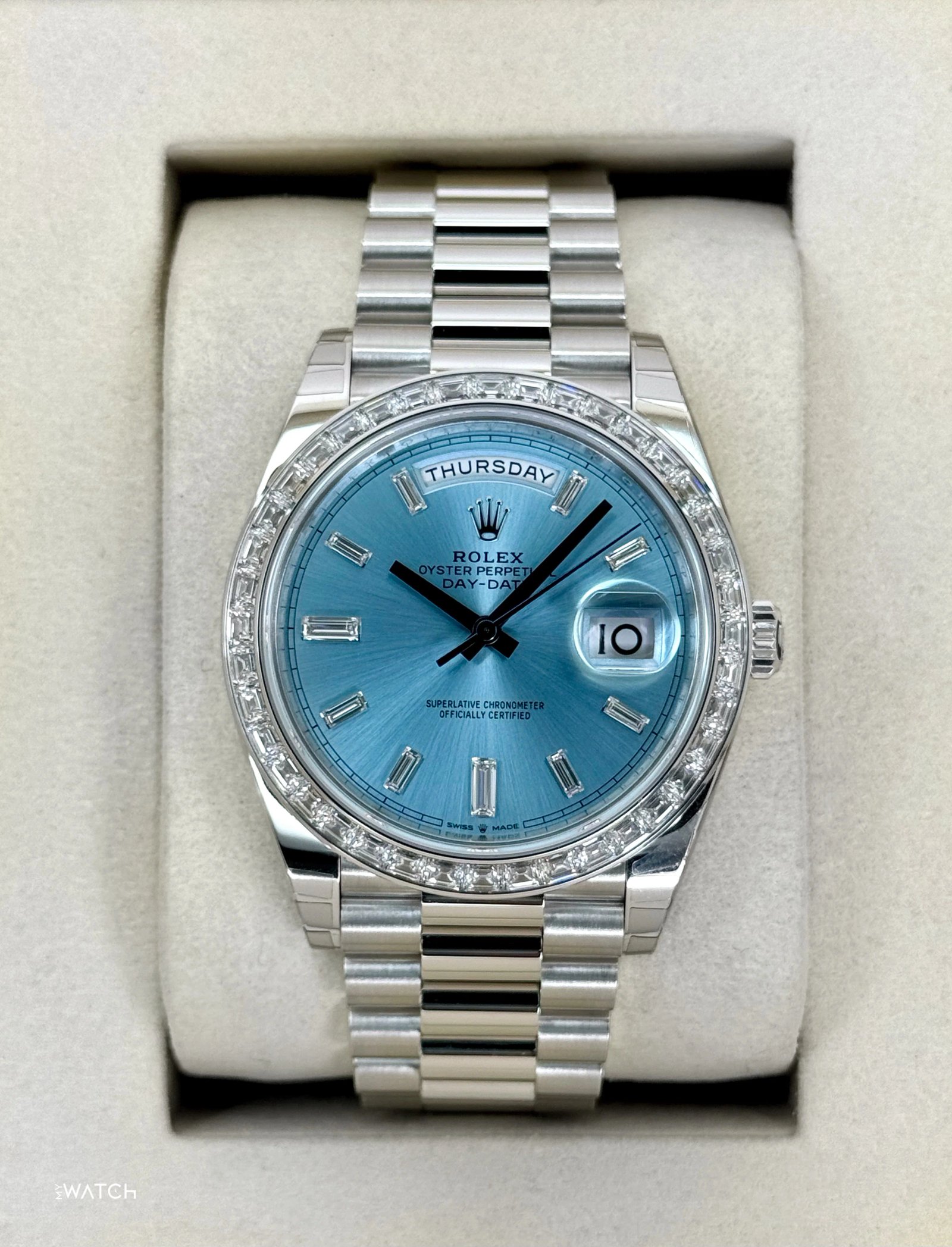 NEW 2025 Rolex Day-Date 40mm 228396TBR Ice Blue Diamond Baguette Dial