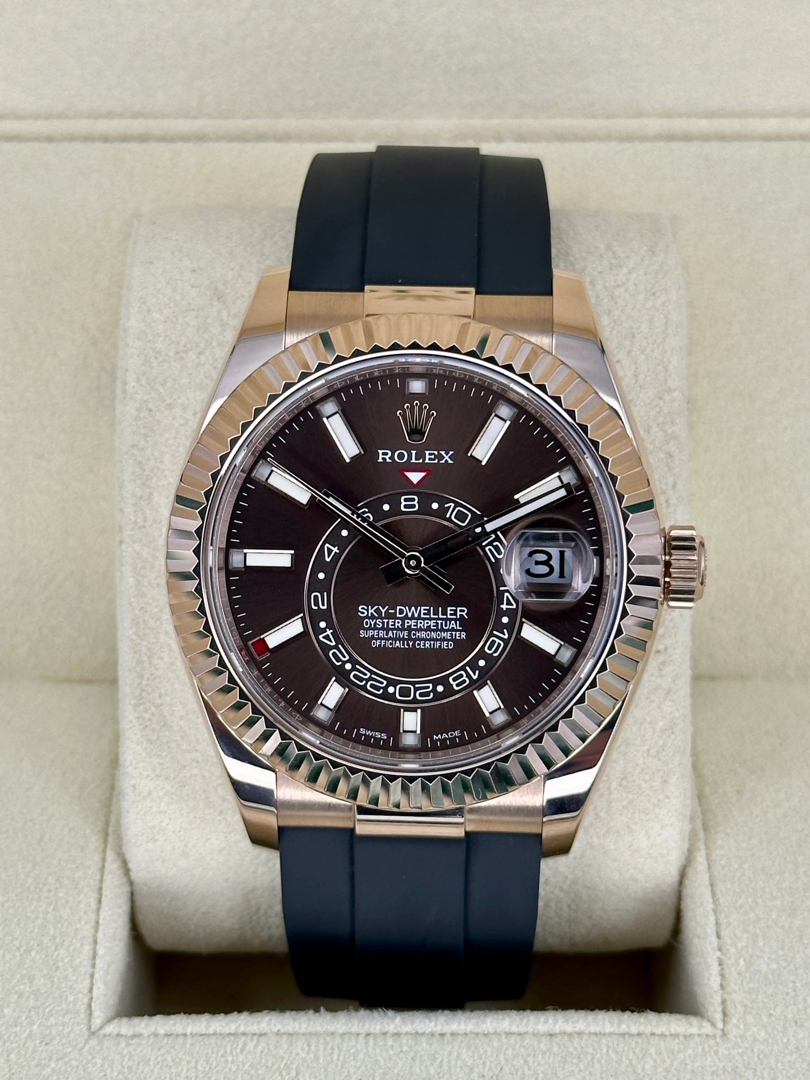 2022 Rolex Sky-Dweller 42mm 326235 Rose Gold Oysterflex Chocolate Dial
