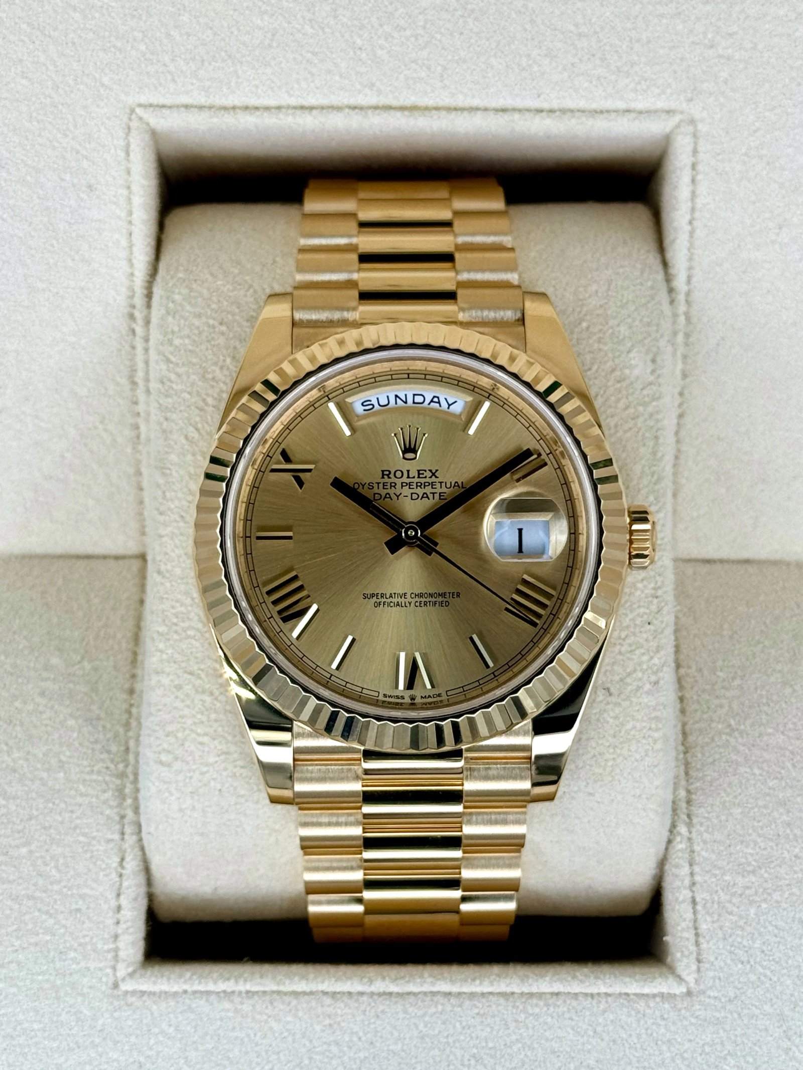 NEW 2025 Rolex Day-Date 40mm 228238 Champagne Roman Numeral Dial