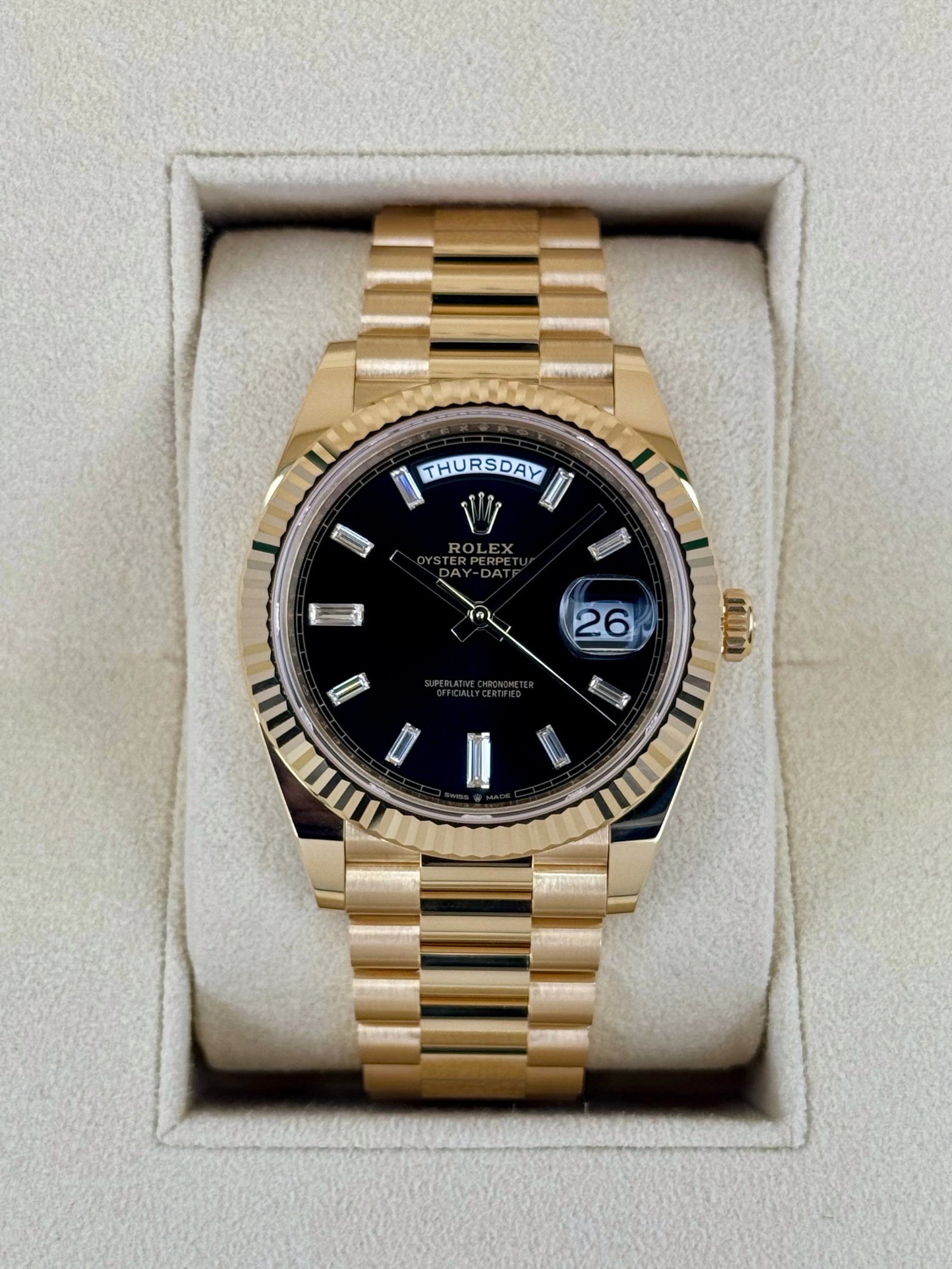 NEW 2025 Rolex Day-Date 40mm 228238 Black Diamond Baguette Dial