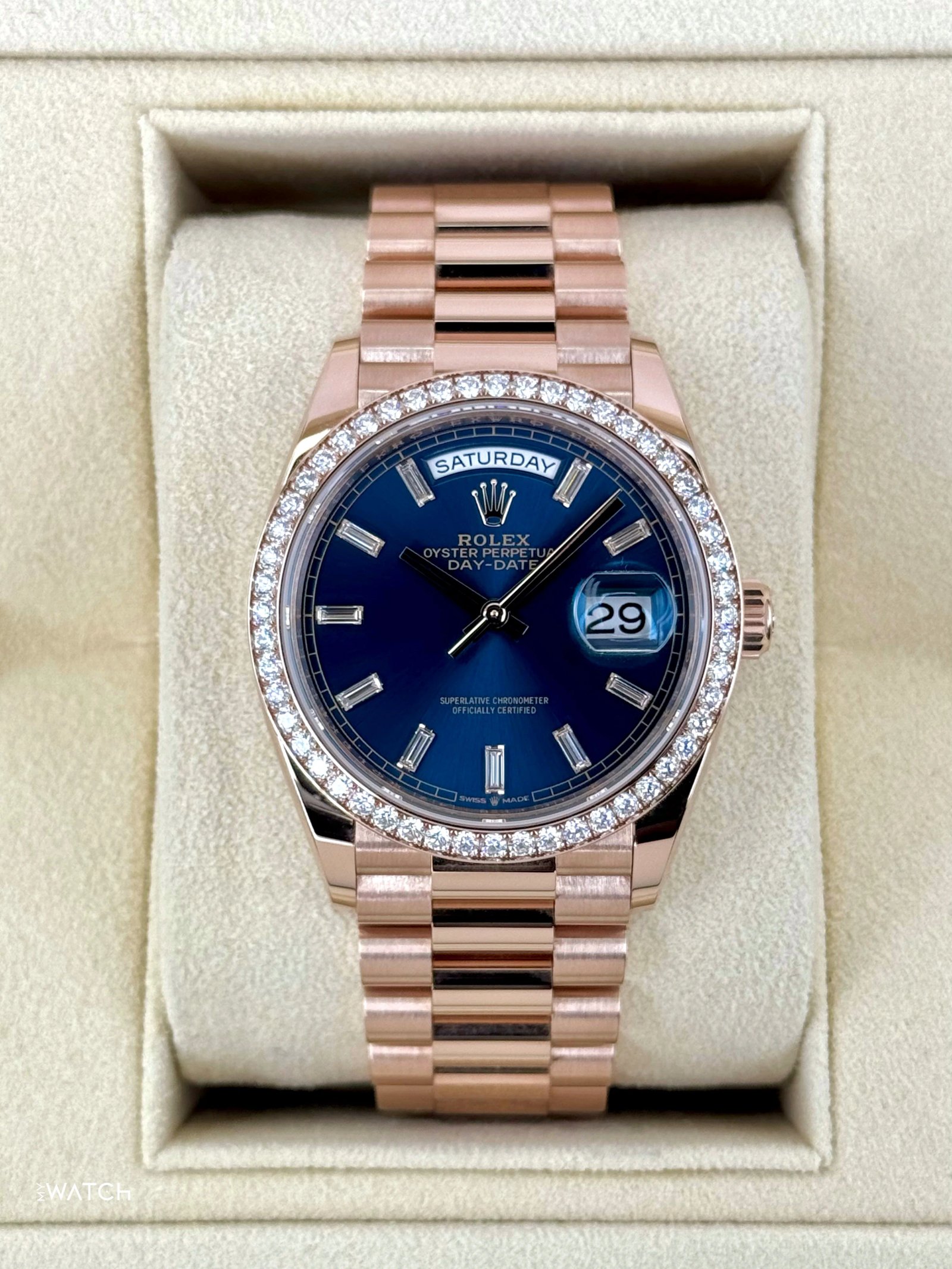 NEW 2025 Rolex Day-Date 36mm 128345RBR Rose Gold Blue Baguette Dial
