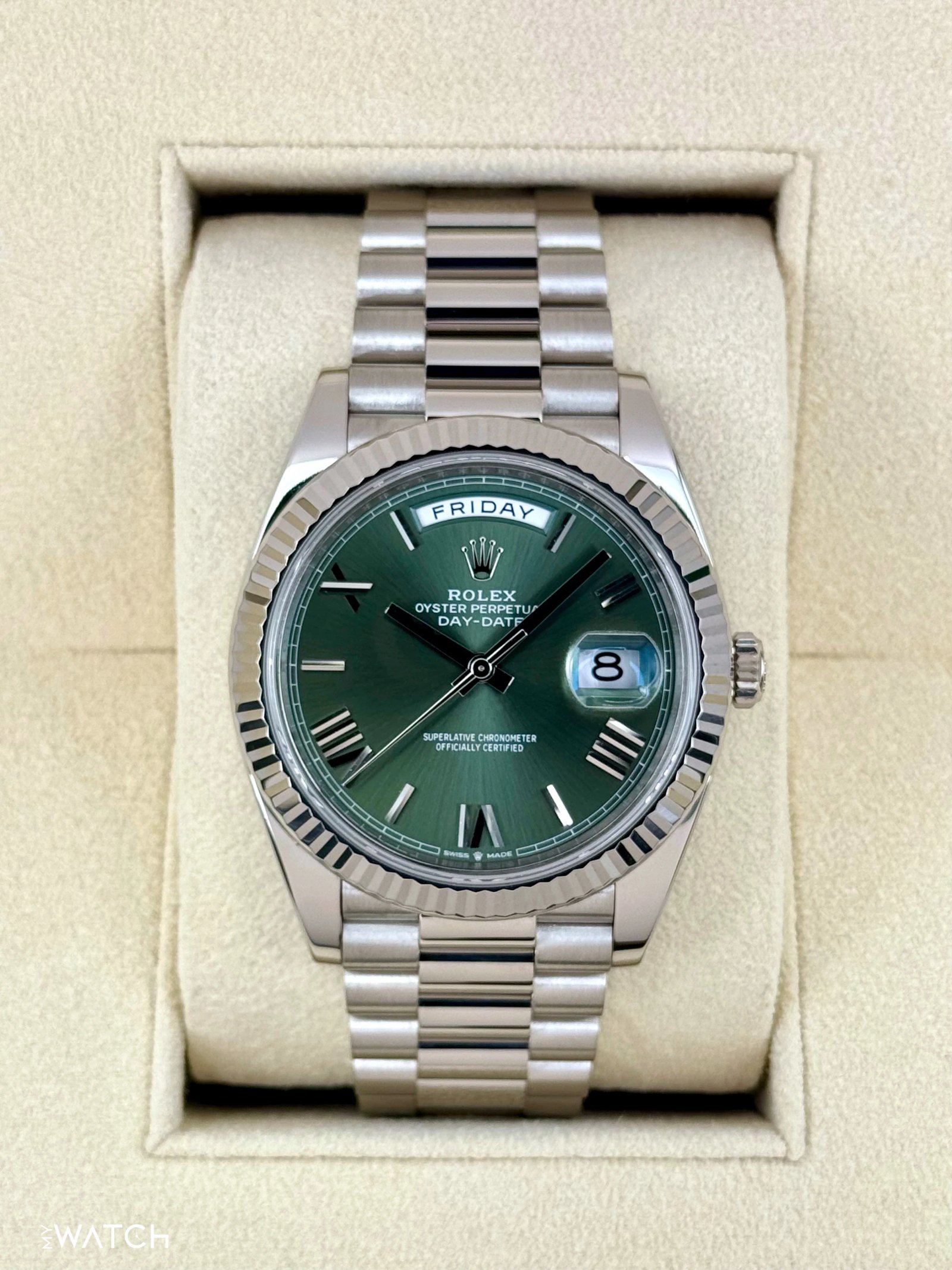 2022 Rolex Day-Date 40mm 228239 White Gold Olive Dial