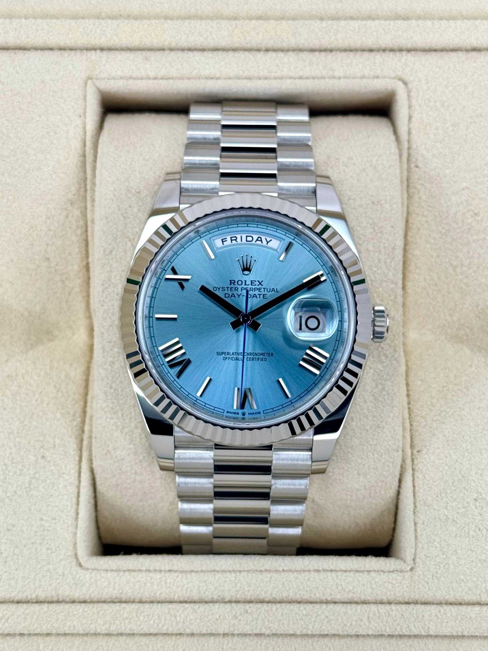 NEW 2025 Rolex Day-Date Platinum 40mm 228236 Ice Blue Roman Dial