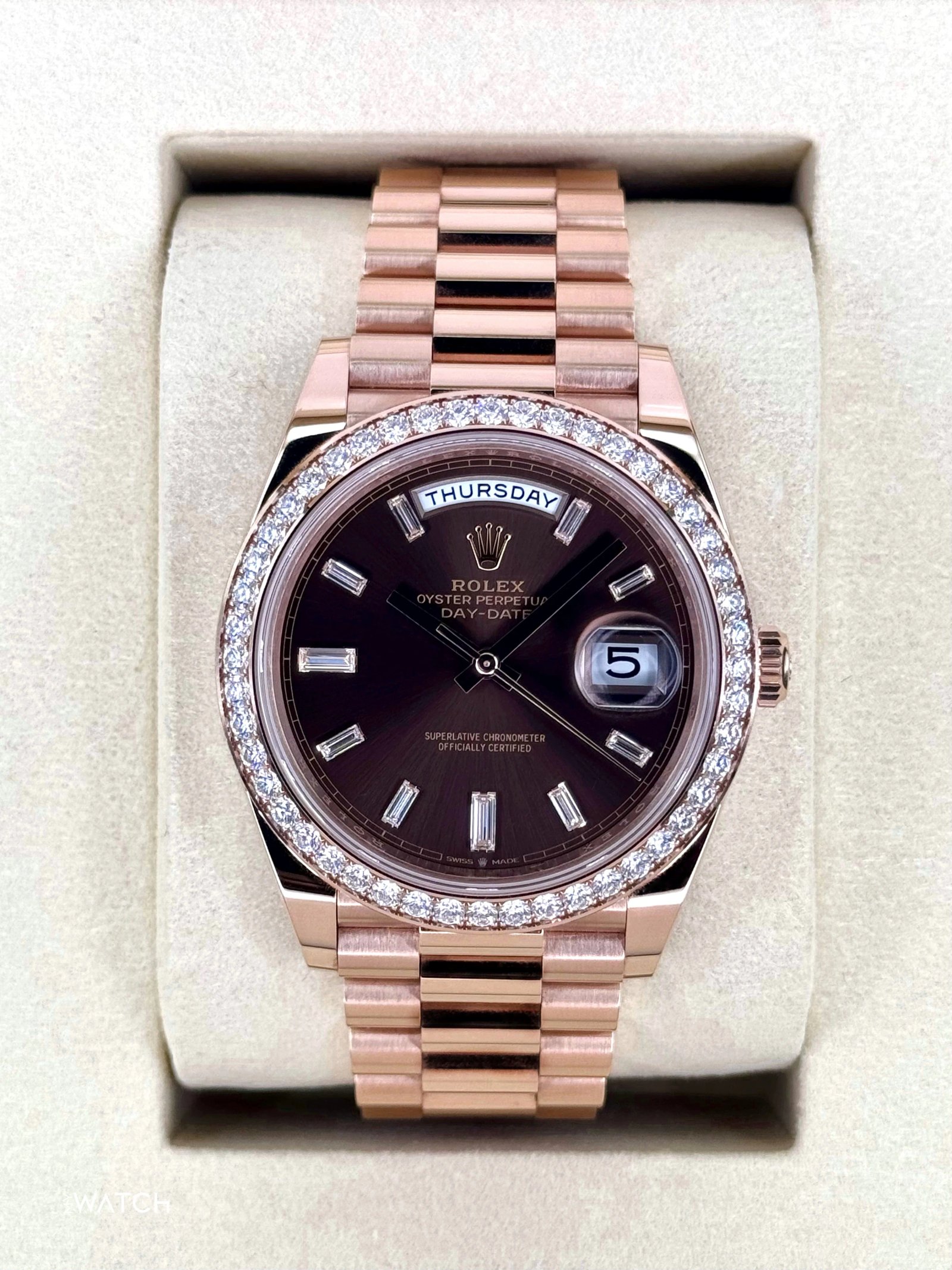 2025 Rolex Day-Date 40mm 228345RBR Rose Gold Chocolate Diamond Dial