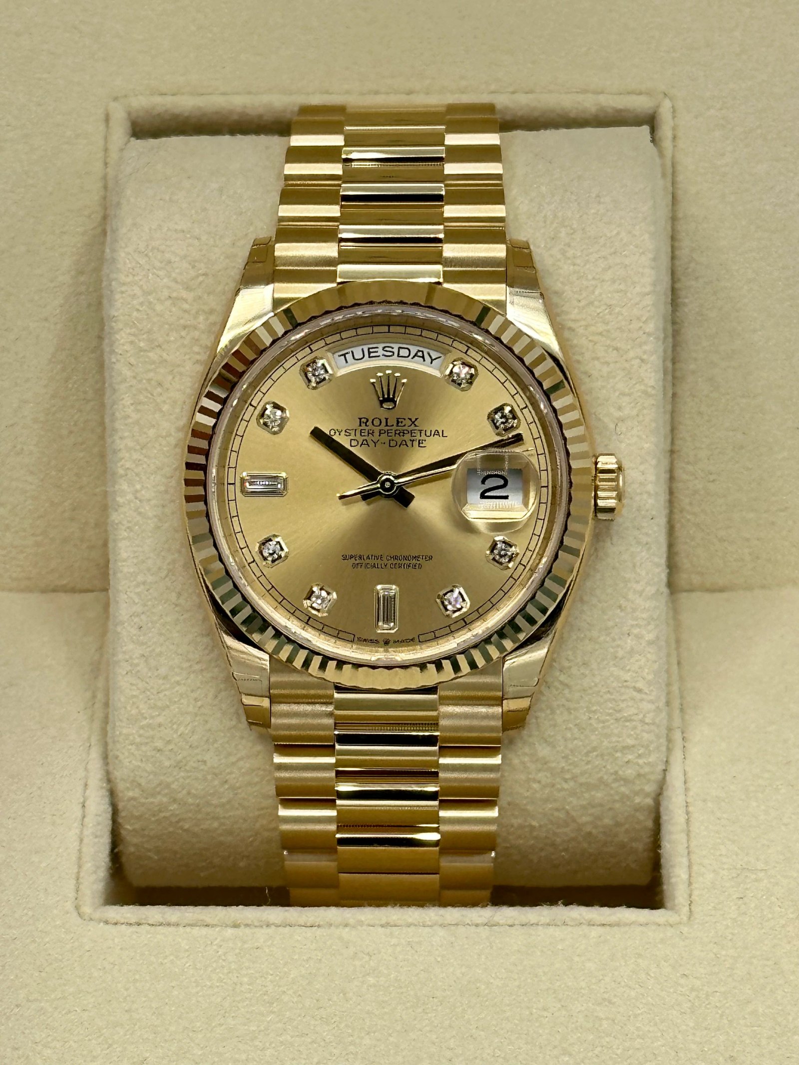 2023 Rolex Day-Date 36mm 128238 Champagne Diamond Dial