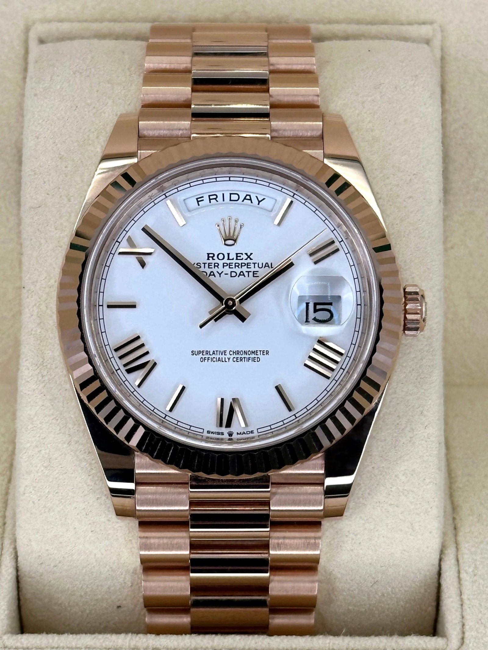 NEW 2024 Rolex Day-Date 228235 Presidential Rose Gold White Dial