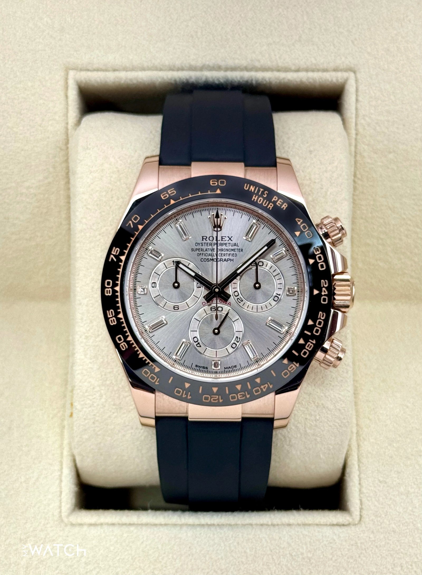 2022 Rolex Daytona 40mm 116515LN Rose Gold Oysterflex Sundust Baguette Dial