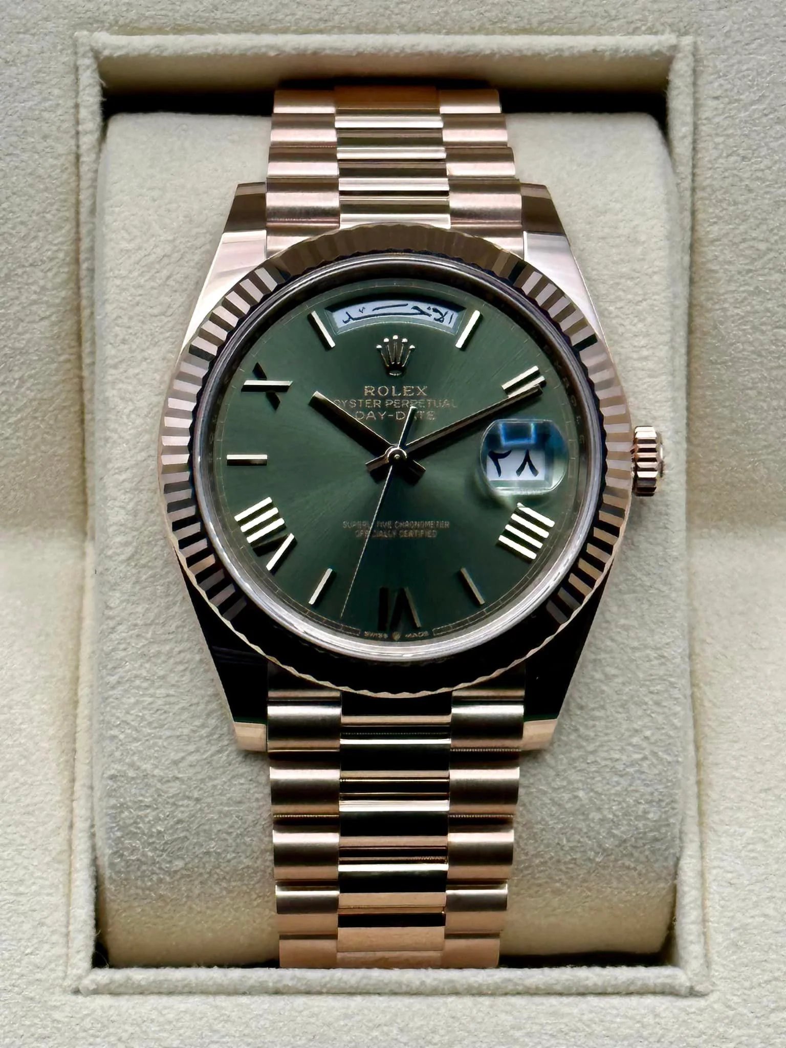 NEW 2022 Rolex Day-Date 40 228235 Rose Gold Olive Dial Arabic Calendar