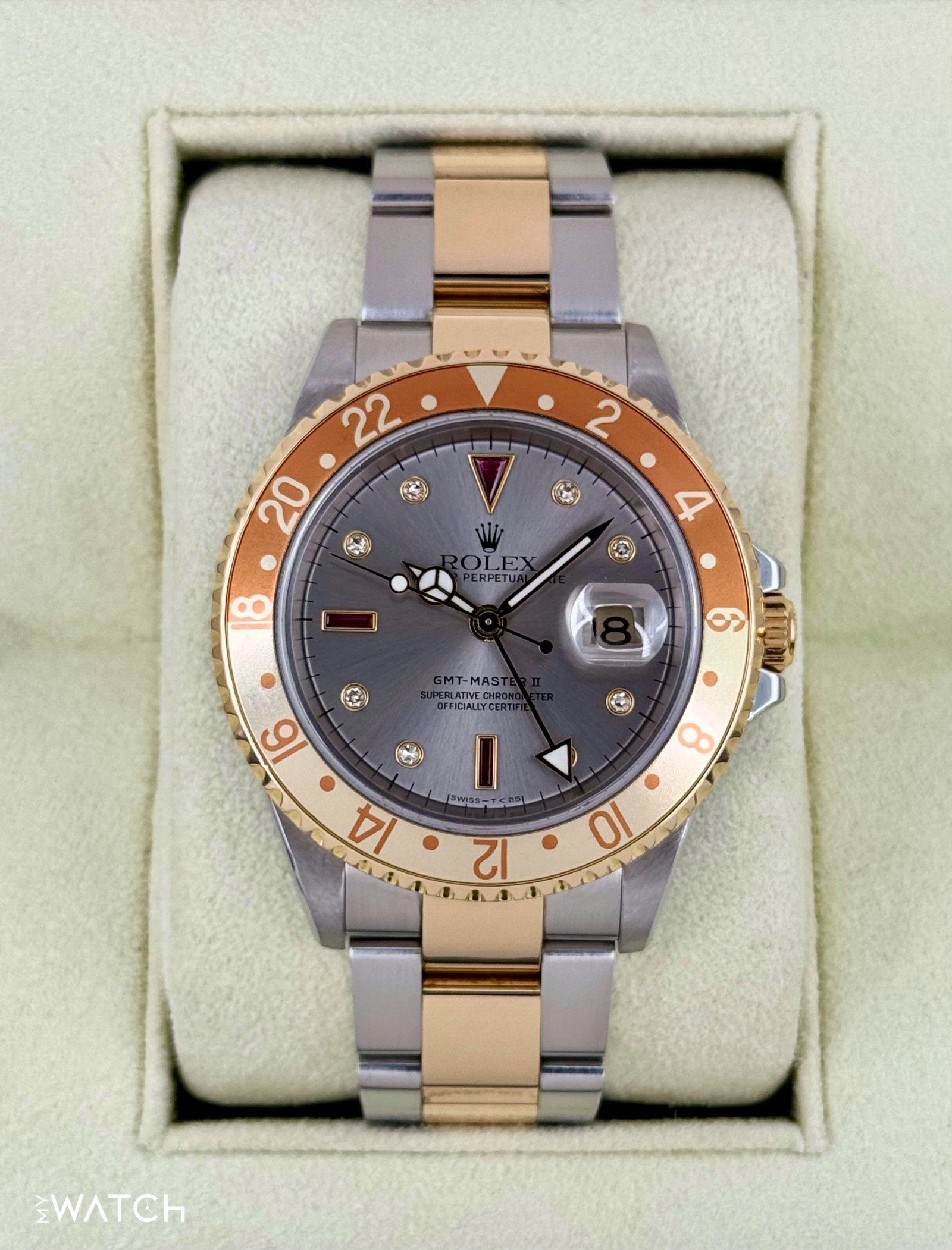 2007 Rolex GMT-Master II 40mm 16713 Slate Grey Serti Diamond Ruby Dial