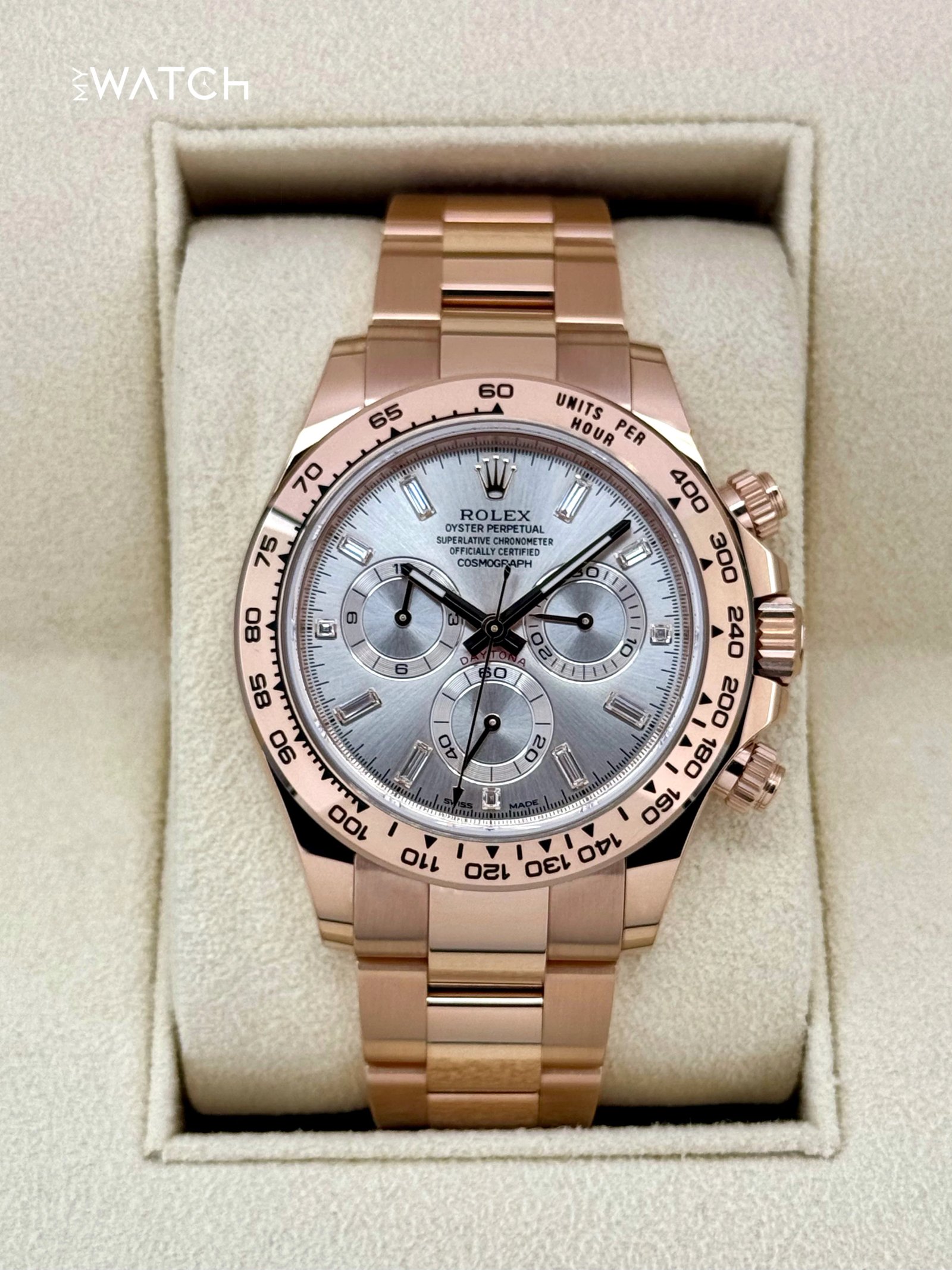 2022 Rolex Daytona 40mm 116505 Rose Gold Sundust Diamond Baguette Dial