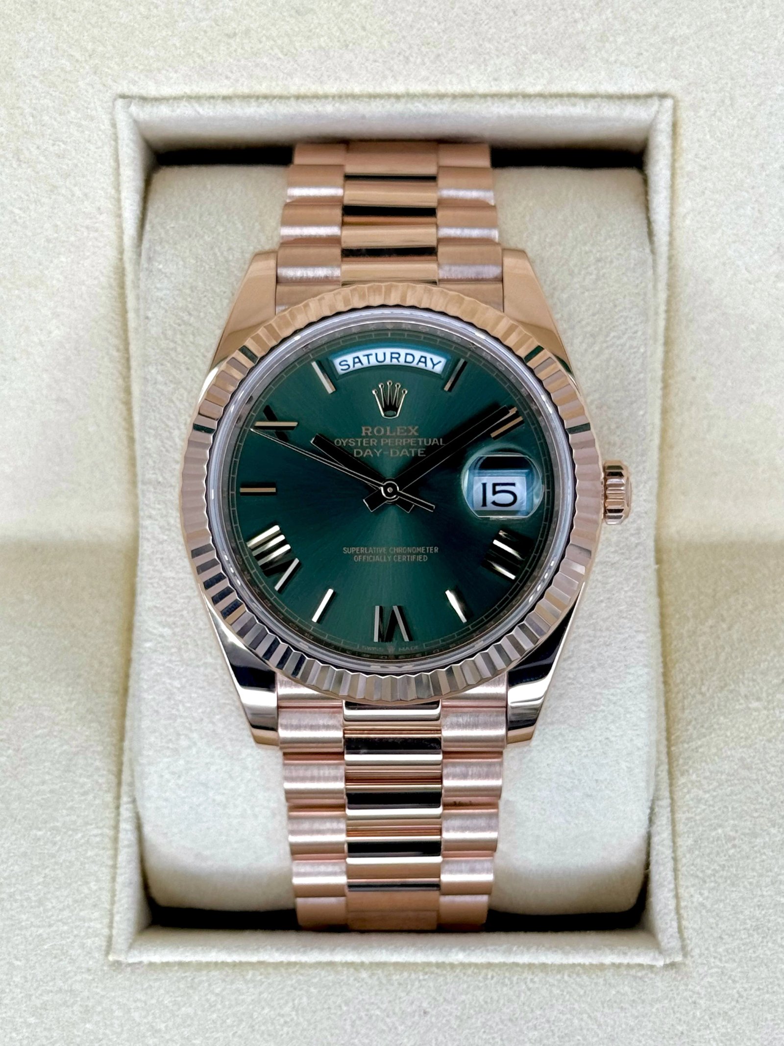 2019 Rolex Day-Date 40mm 228235 Presidential Rose Gold Olive Dial