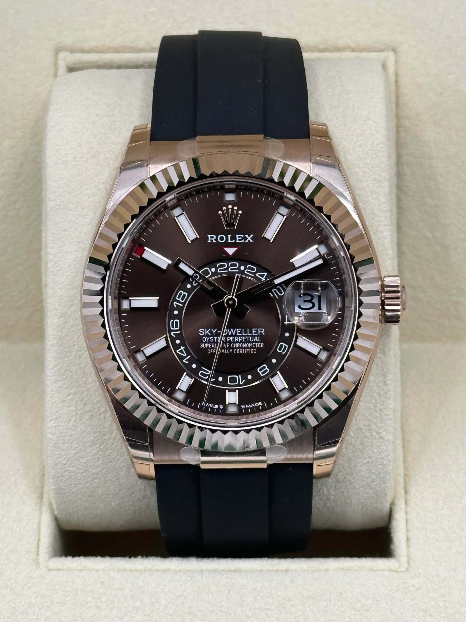 NEW 2023 Rolex Sky-Dweller 336235 Rose Gold Oysterflex Chocolate Dial