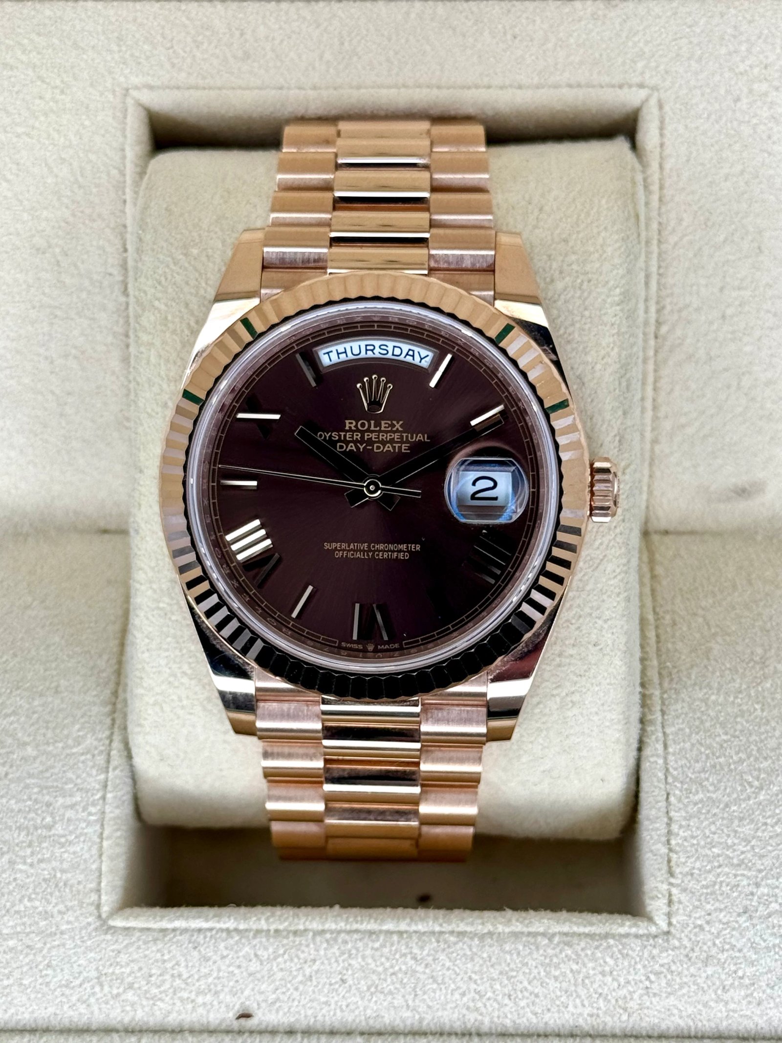 2021 Rolex Day-Date 40mm 228235 Presidential Rose Gold Chocolate Dial