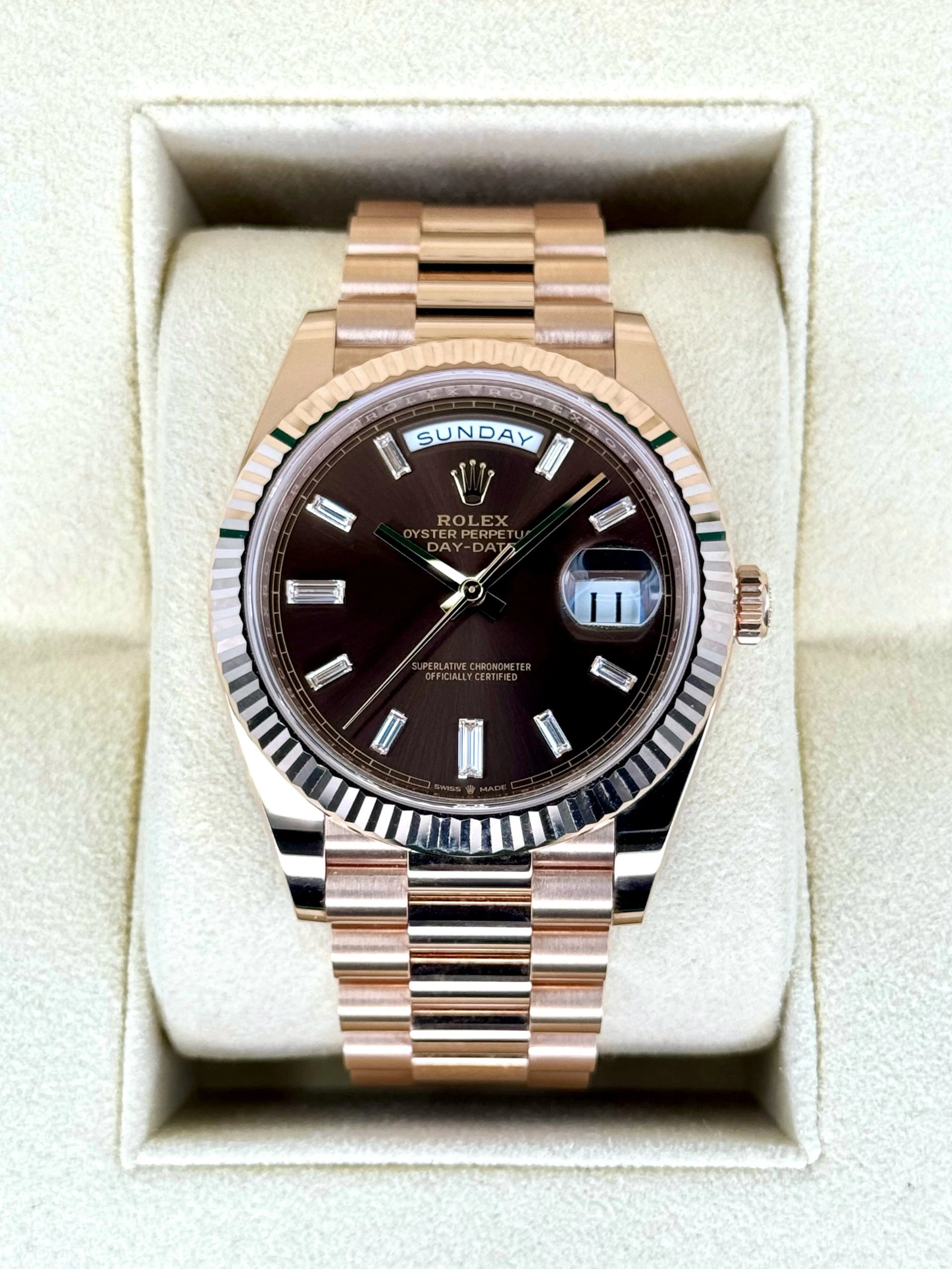 NEW 2025 Rolex Day-Date 40mm 228235 Rose Gold Chocolate Baguette Dial